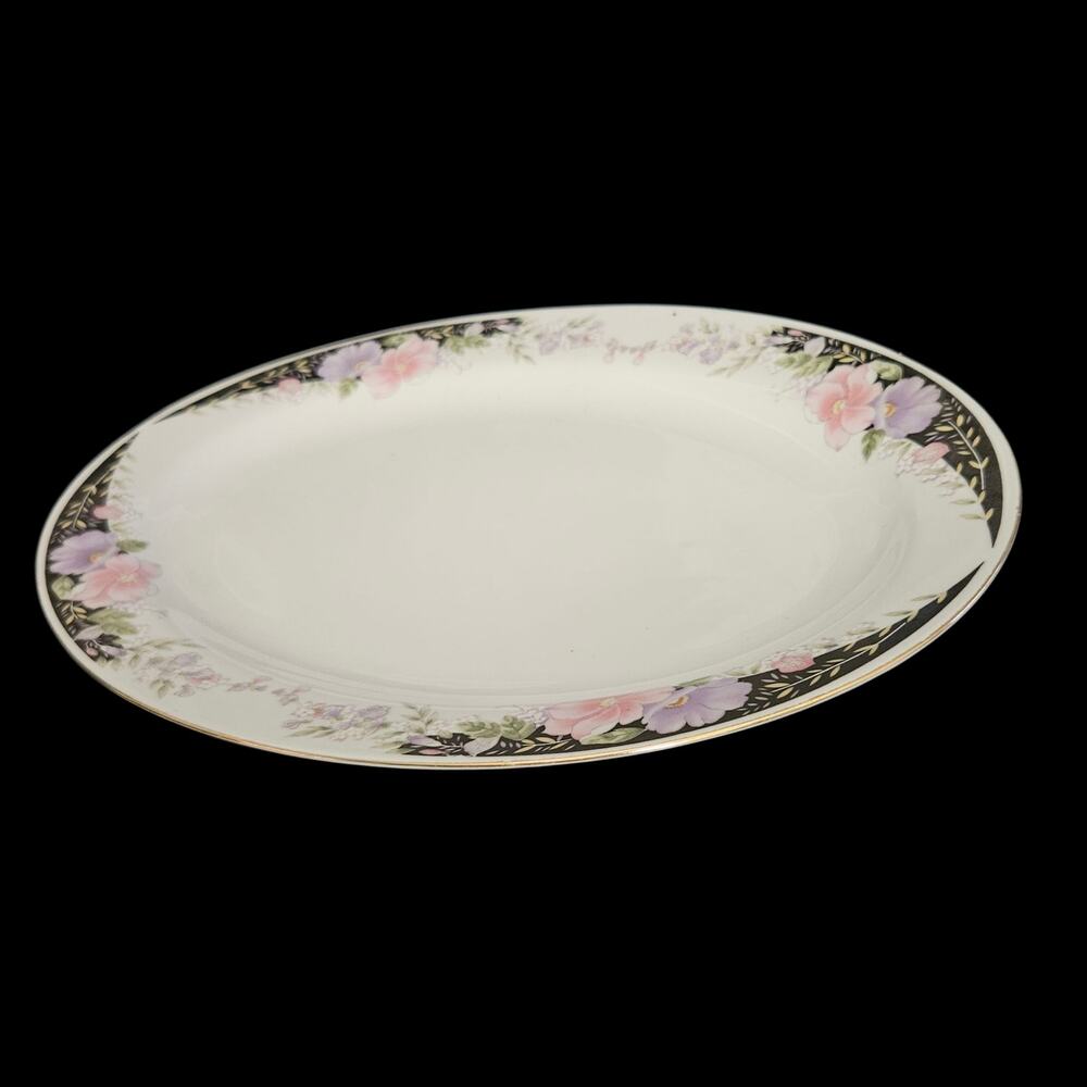 Vintage Chinese Porcelain Oval Serving Platter Floral Black Gold Trim China